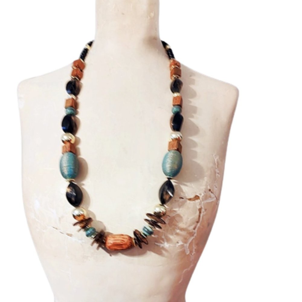 Big Bold 1980s Vintage Beaded Necklace Green Brown & Black Wood & Plastic Beads